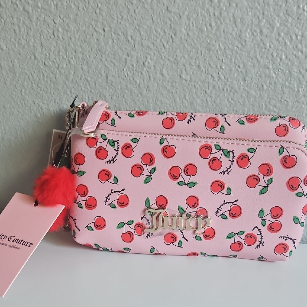Juicy Couture Pink Cherry Print Zip Wallet with Pom Charm
